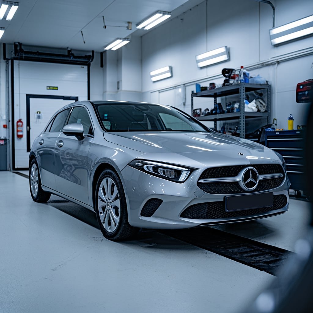 Silver Mercedes A-Class hatchback in a service bay