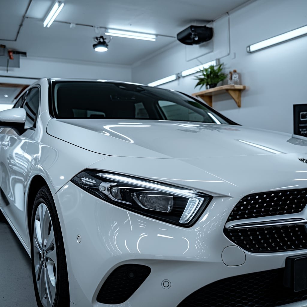 White Mercedes A-Class front quarter in a garage