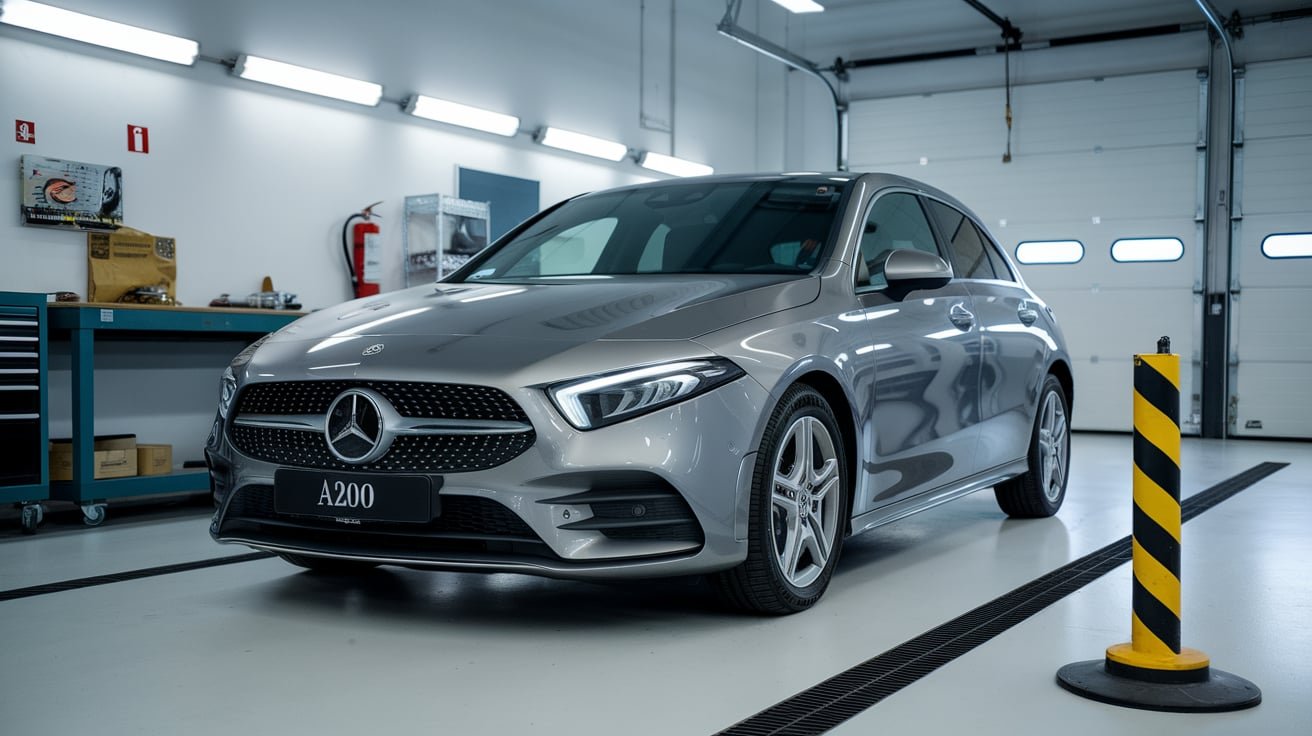 Mercedes A200 hatchback in a workshop
