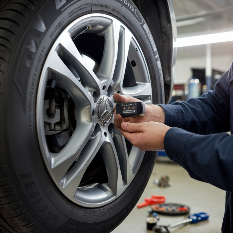 Handheld checking tool beside a Mercedes alloy wheel