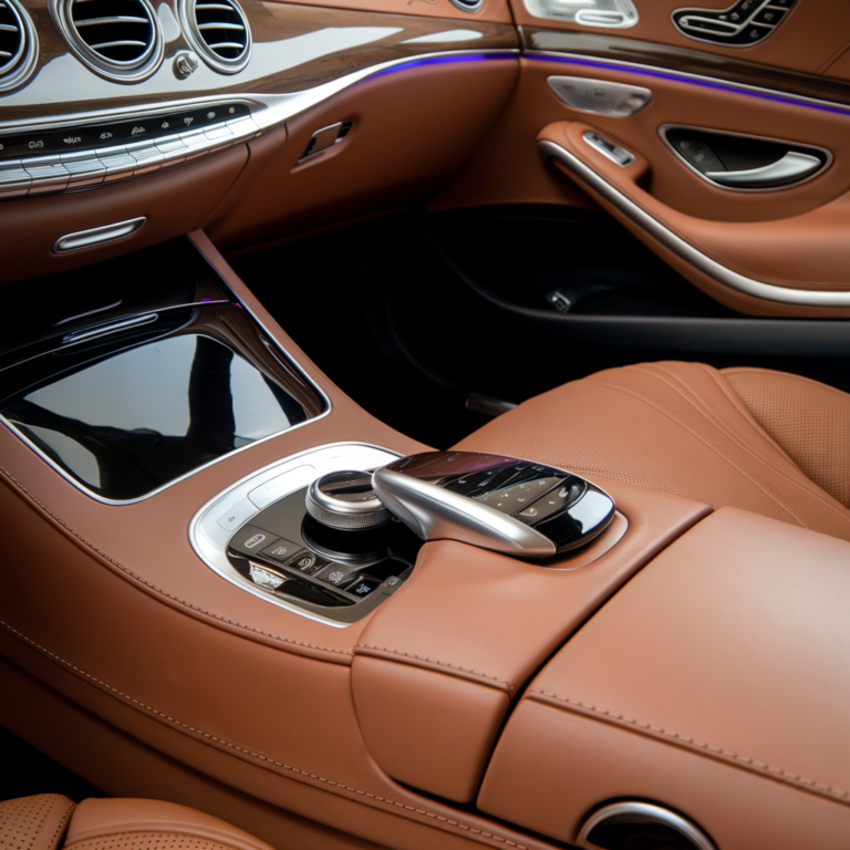 Brown Mercedes console and door upholstery showing stitching and trim finishes