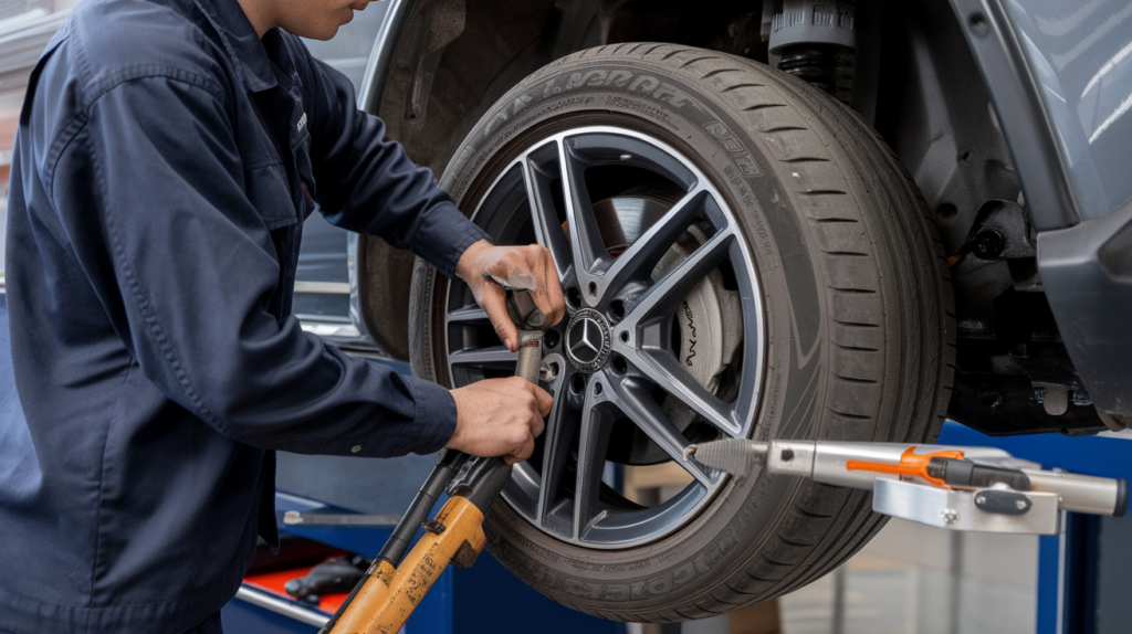 Technician working beside a Mercedes wheel in a workshop