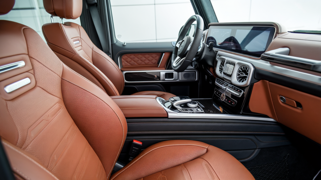 Mercedes cabin with brown seats, dashboard trim, and center console