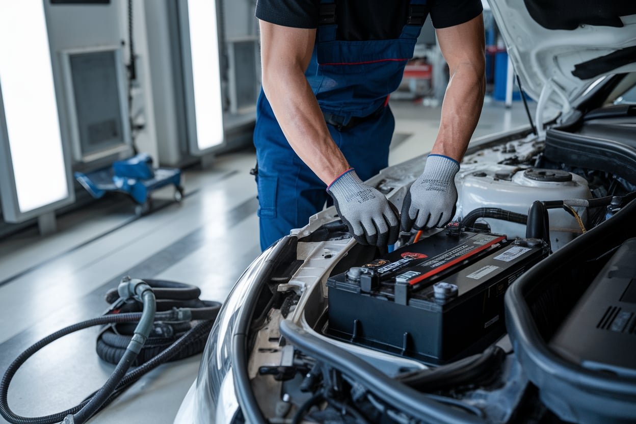 Illustration of low-voltage battery service in an engine compartment