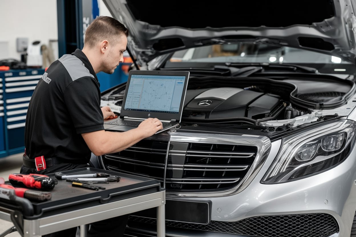Mercedes engine inspection during a tune up in Dubai