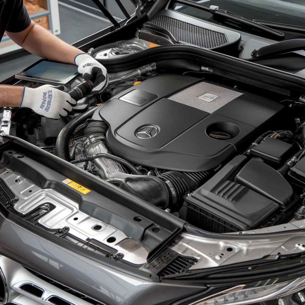 Mercedes engine inspection with diagnostic equipment