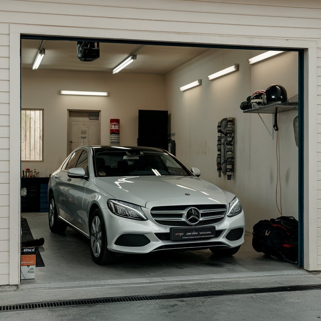 Mercedes C-Class at a garage entrance