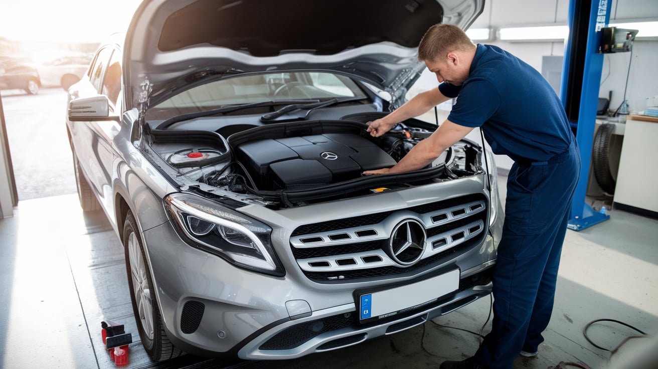 Mercedes GLA with its hood open for workshop inspection