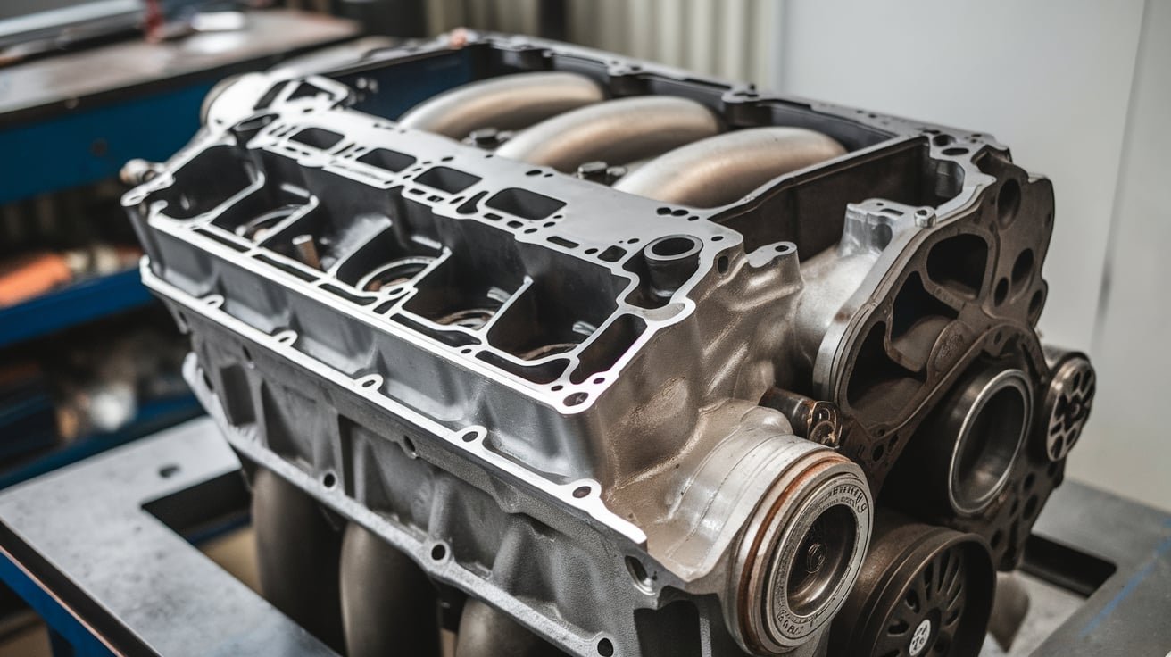Mercedes engine block sealing surface inspected during head gasket work