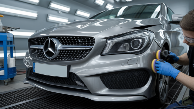 Silver Mercedes CLA front bumper being polished