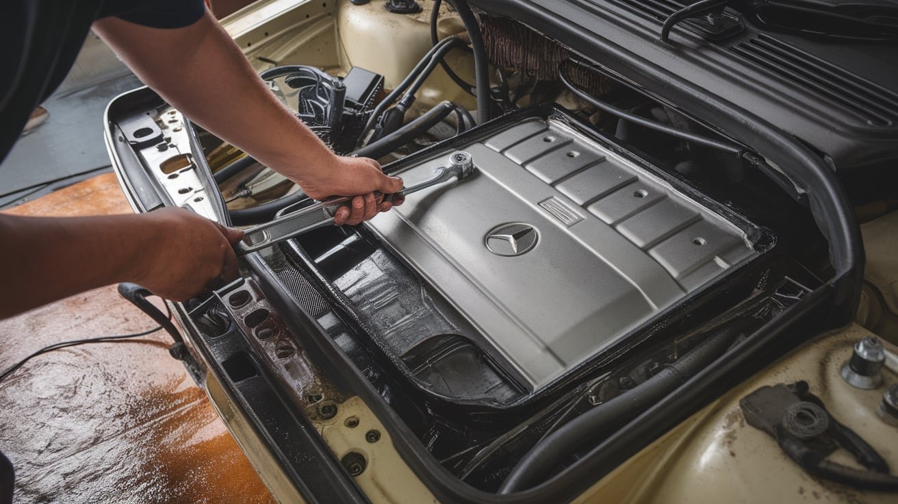 Mercedes automatic transmission fluid service in a workshop
