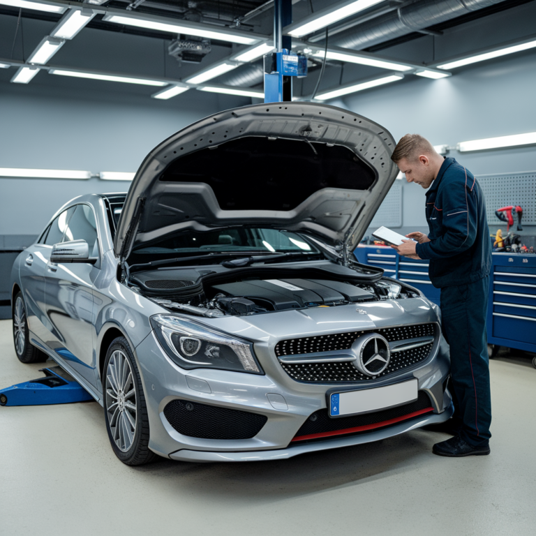 Silver Mercedes CLA with its hood raised for an engine inspection