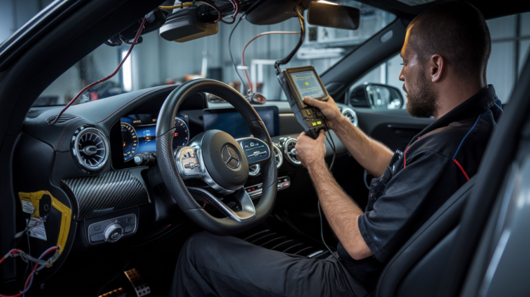 Diagnostic equipment being used inside a Mercedes cabin