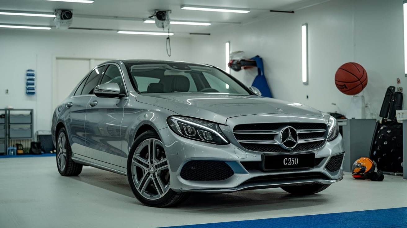 Silver Mercedes C250 in a garage