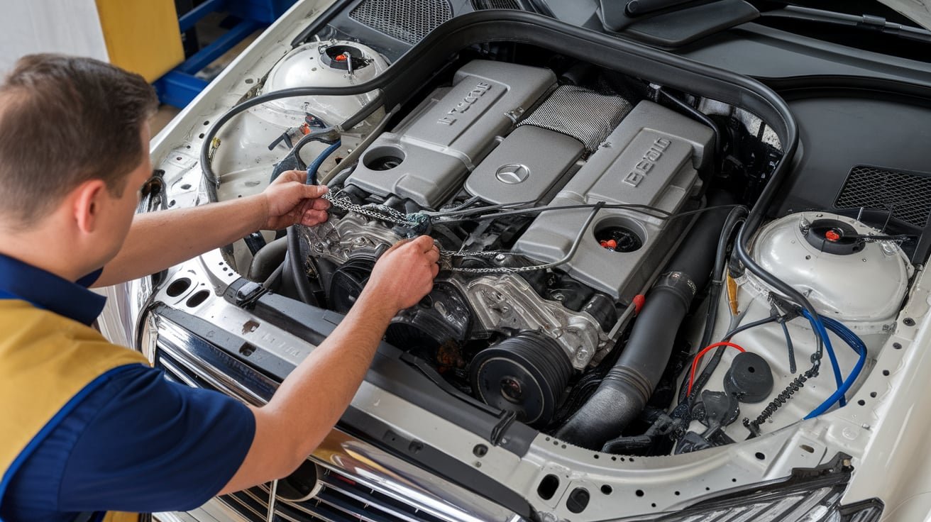 Mercedes S500 engine being inspected for timing chain noise
