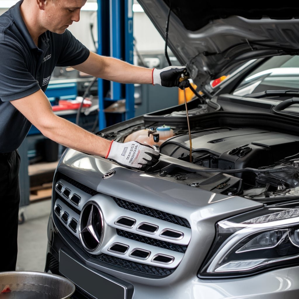 Mercedes GLA undergoing an oil-level check