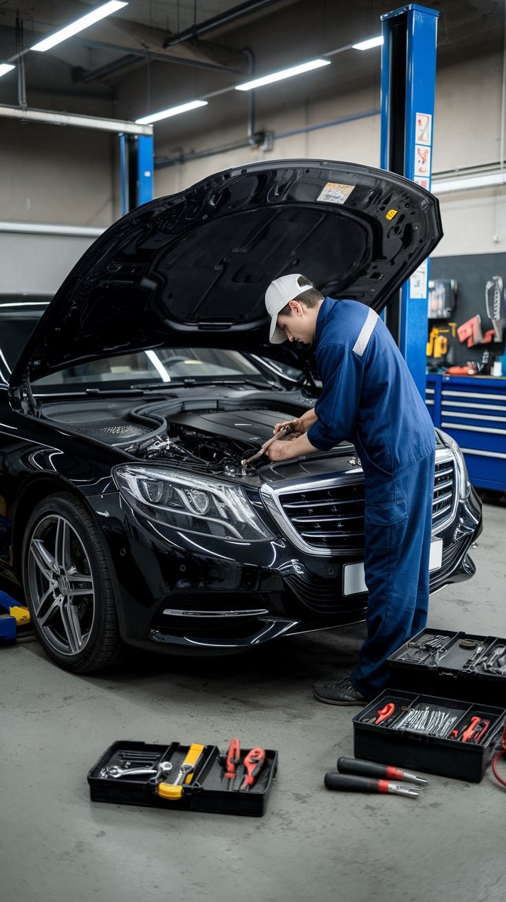 Black Mercedes S-Class with its hood open during a service illustration