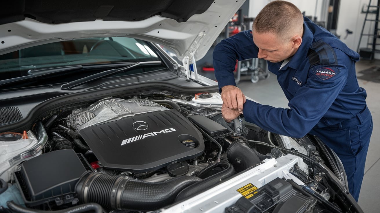 Mercedes CLA45 turbo system being inspected in a Dubai workshop