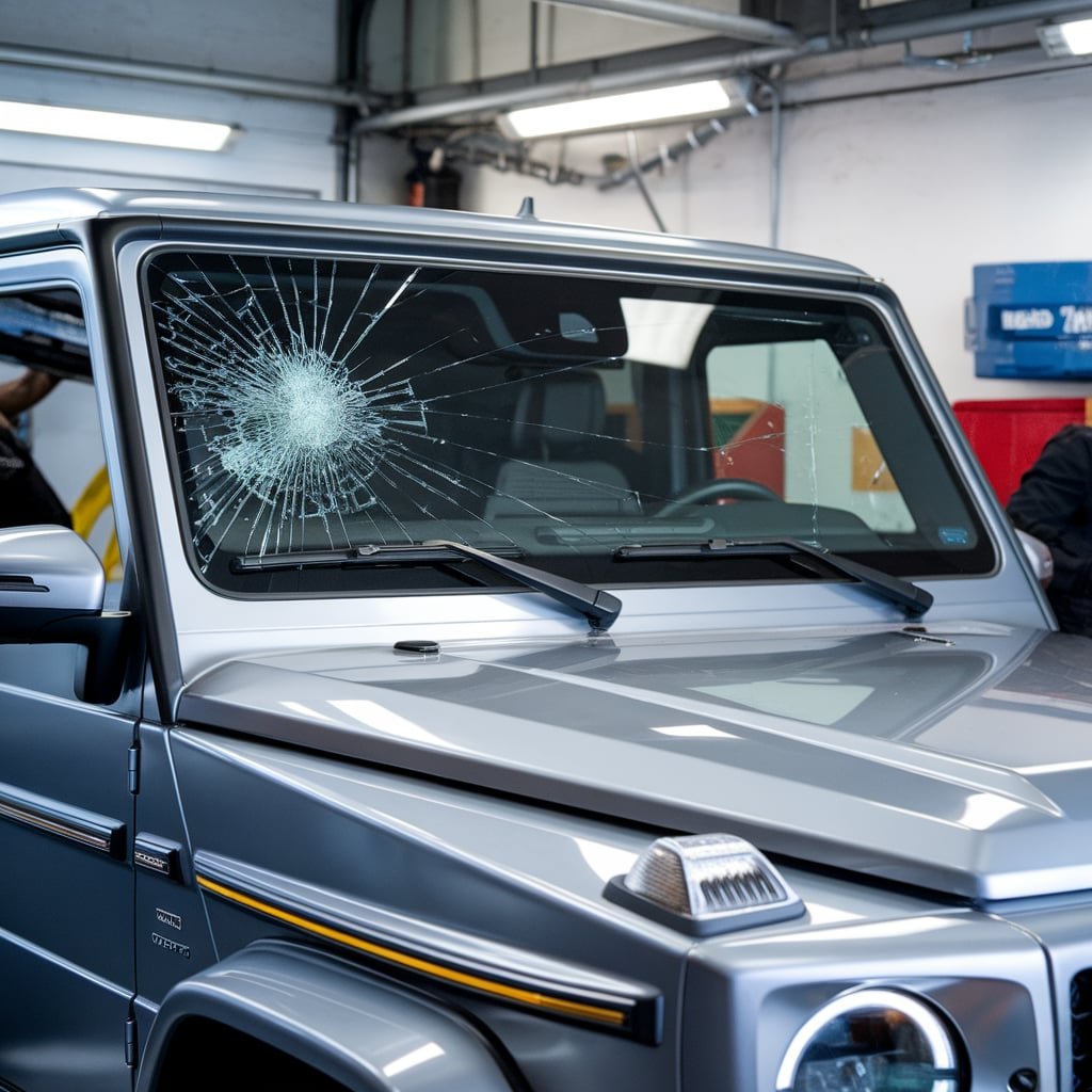Mercedes G-Class with a damaged front windshield in a workshop