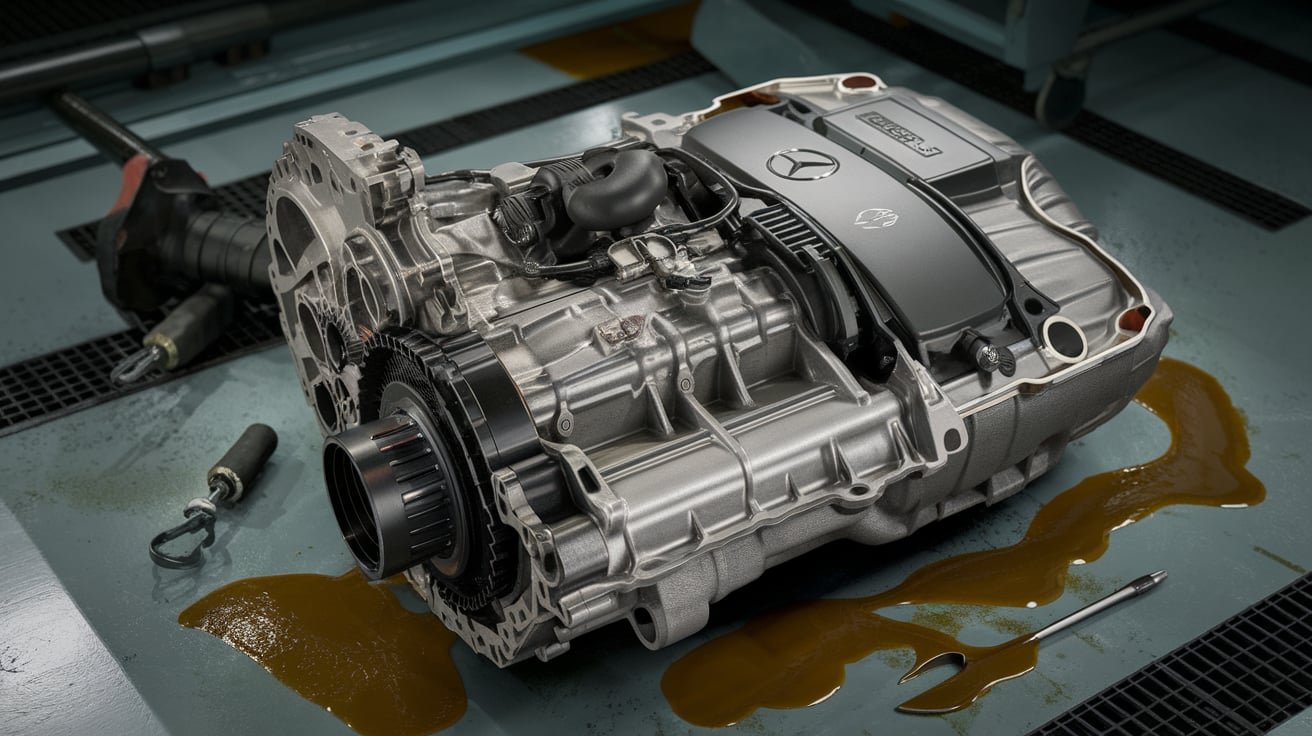 Mercedes automatic transmission replacement work in a workshop