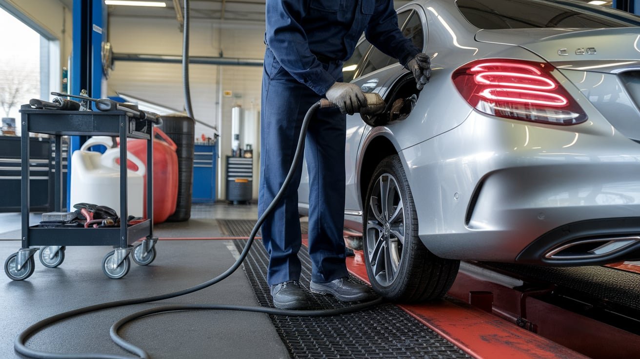 Mercedes fuel pump replacement inspection in a Dubai workshop
