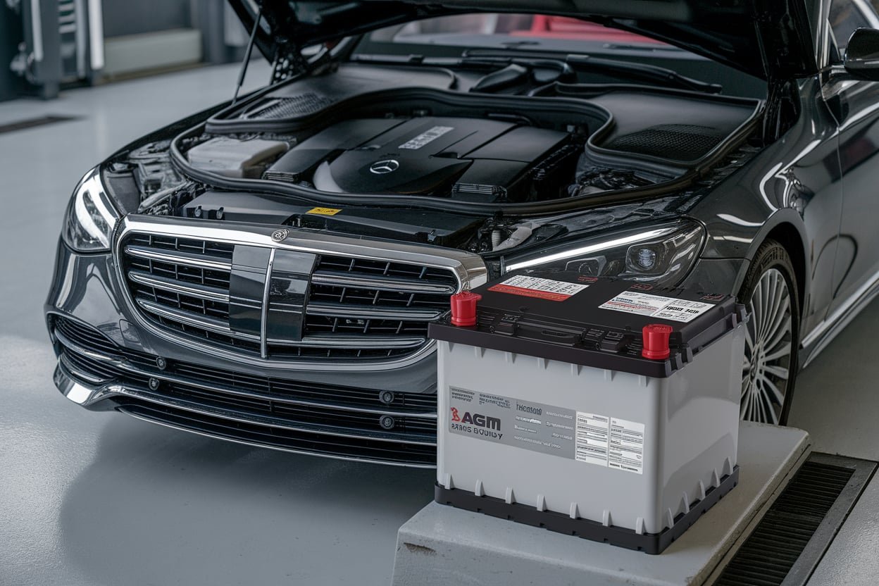 Mercedes sedan and replacement battery service illustration