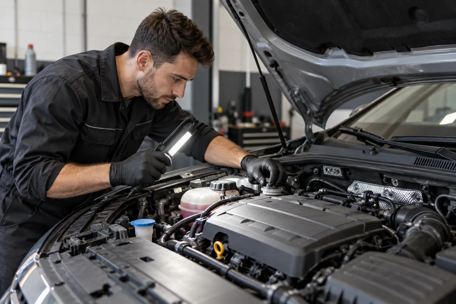 Technician inspecting a compact A-Class engine bay during scheduled service