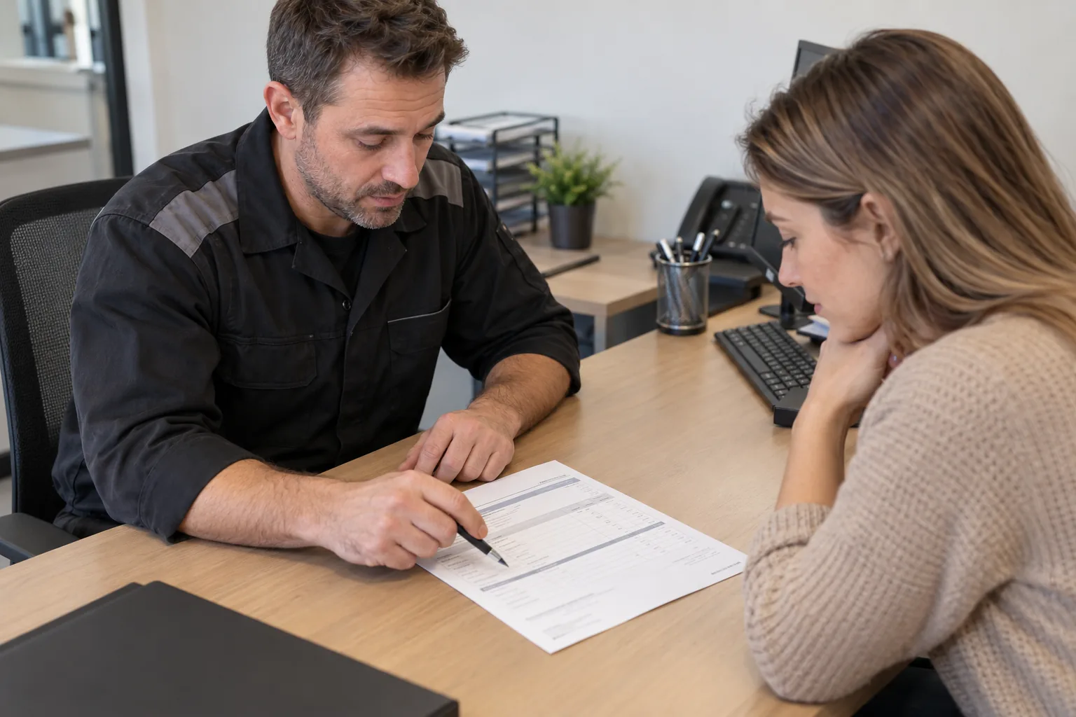 Technician and owner review an itemised A250 service estimate