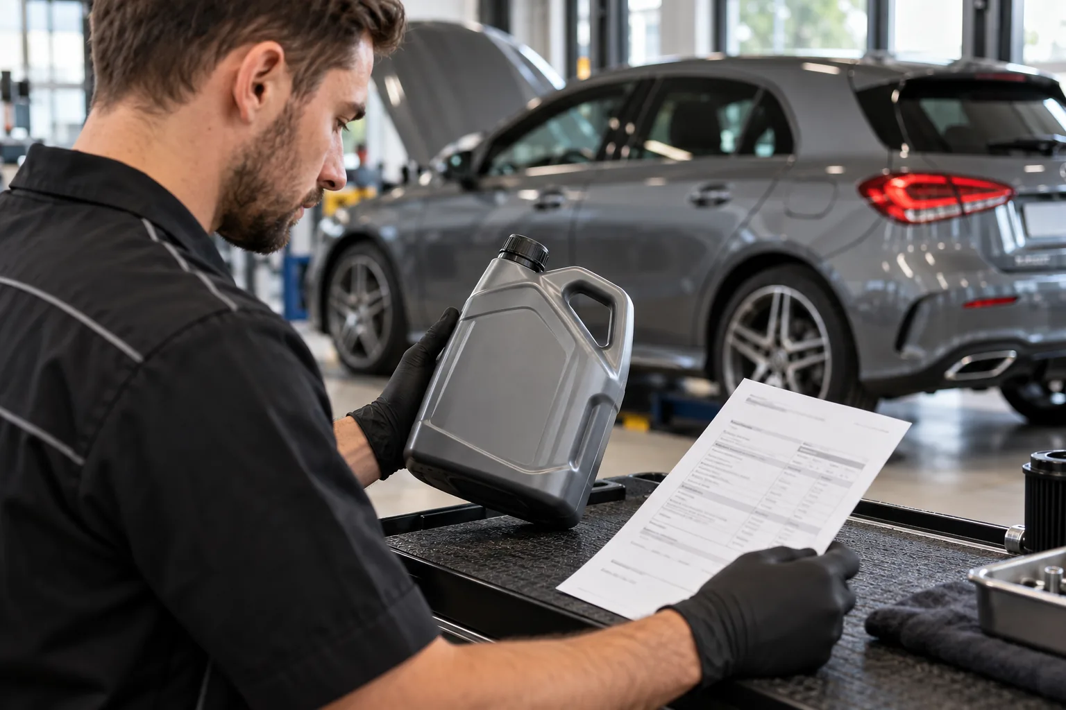 Technician checks oil specification against an A250 service record