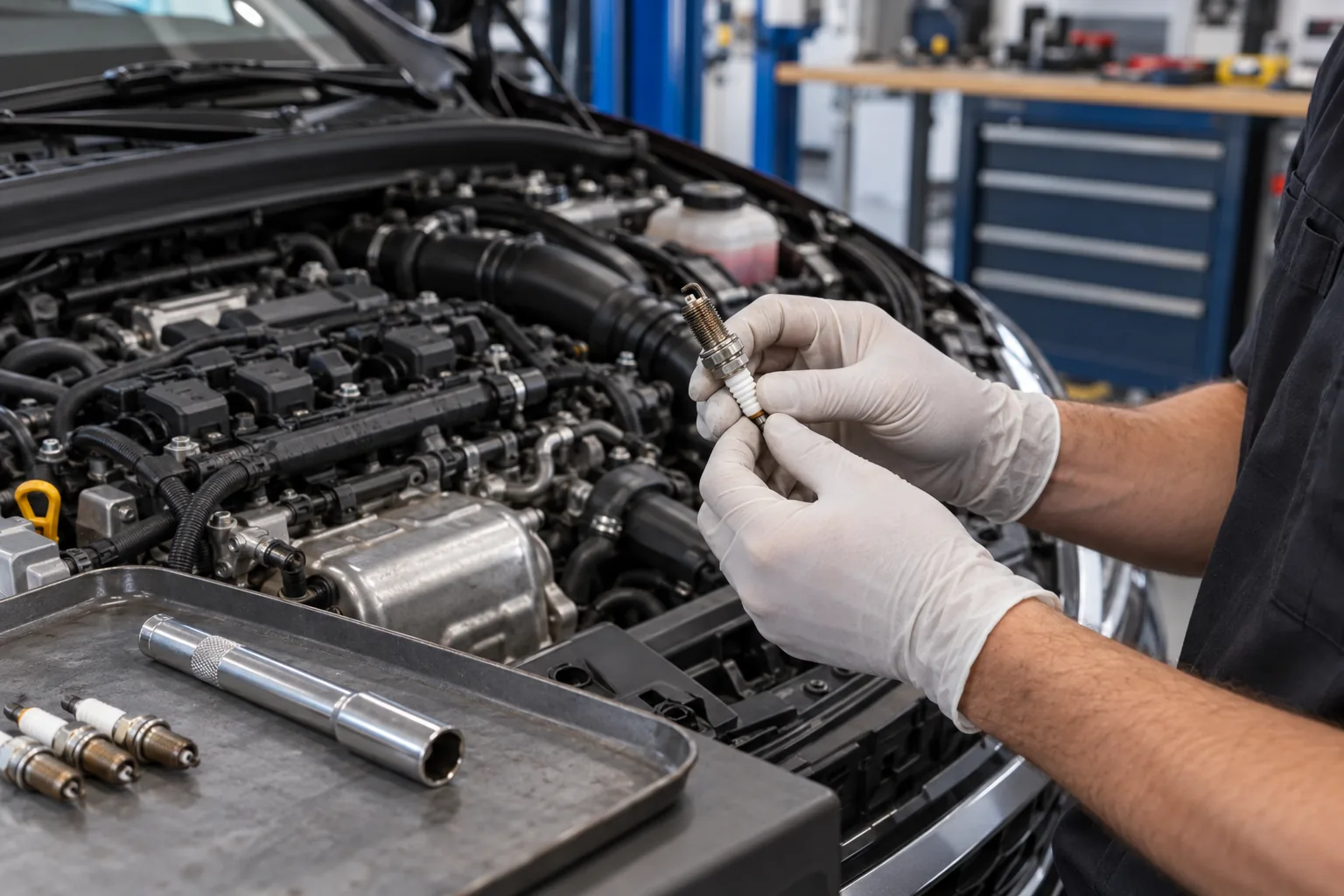 Technician inspects a spark plug during scheduled maintenance