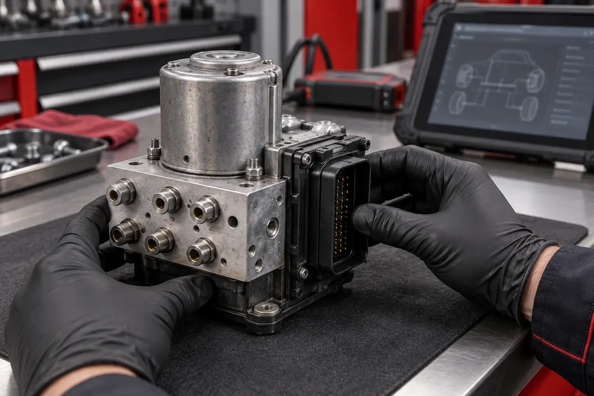 Mercedes ABS hydraulic control unit and electronic module being inspected on a workshop bench