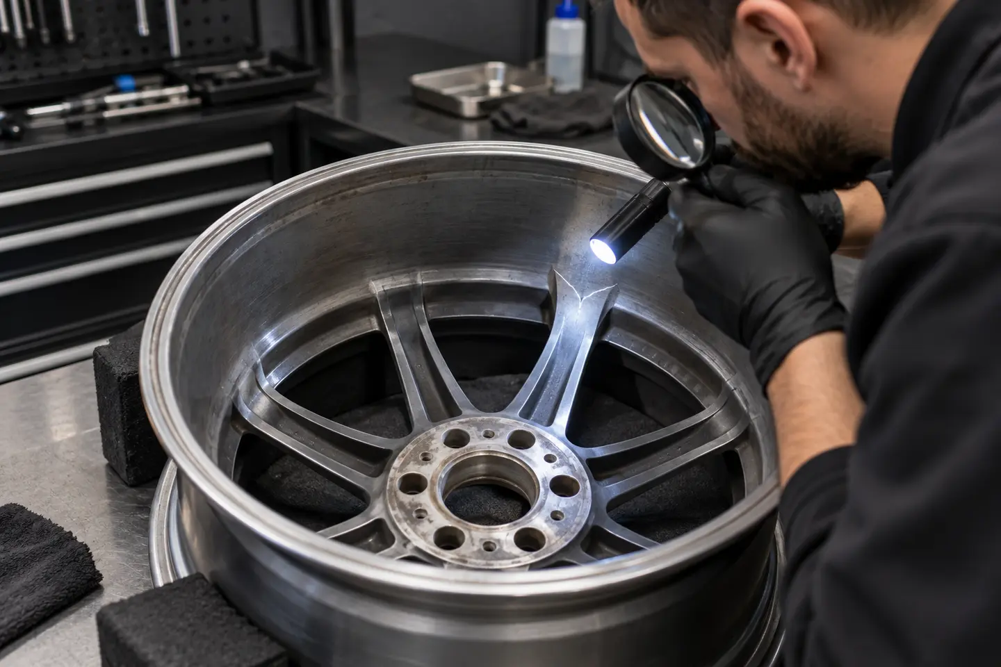 Close inspection of a cracked Mercedes alloy wheel