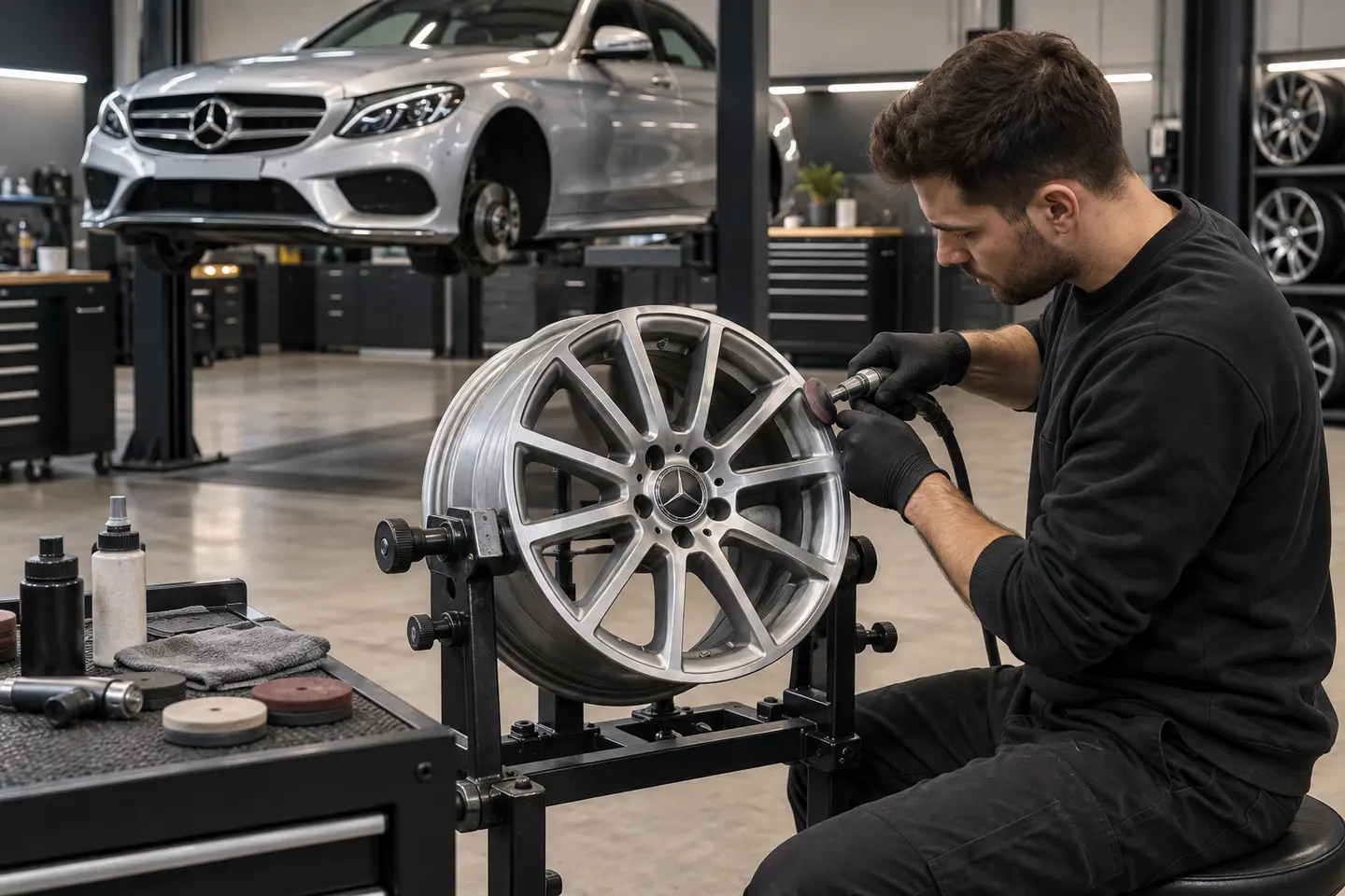 Mercedes alloy wheel repair and refinishing in a Dubai workshop