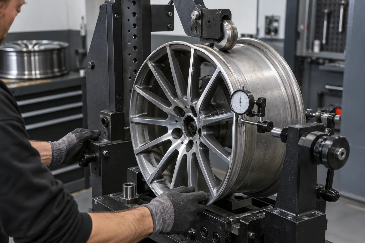 Mercedes alloy wheel checked for runout on workshop equipment