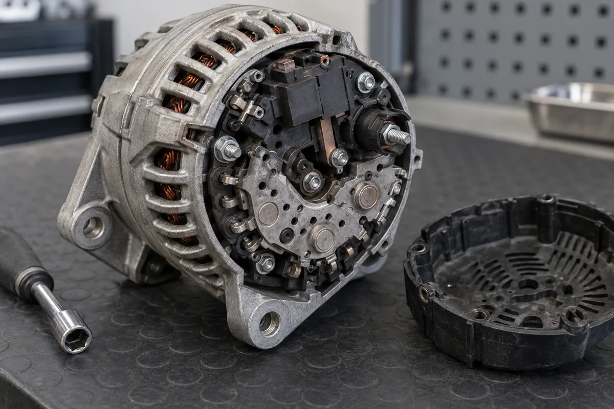 Rear of an alternator with its protective cover removed on a workshop bench