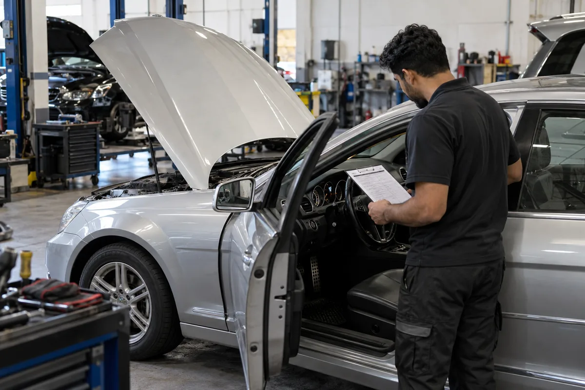 Technician reviews a service checklist beside a silver C-Class in a workshop