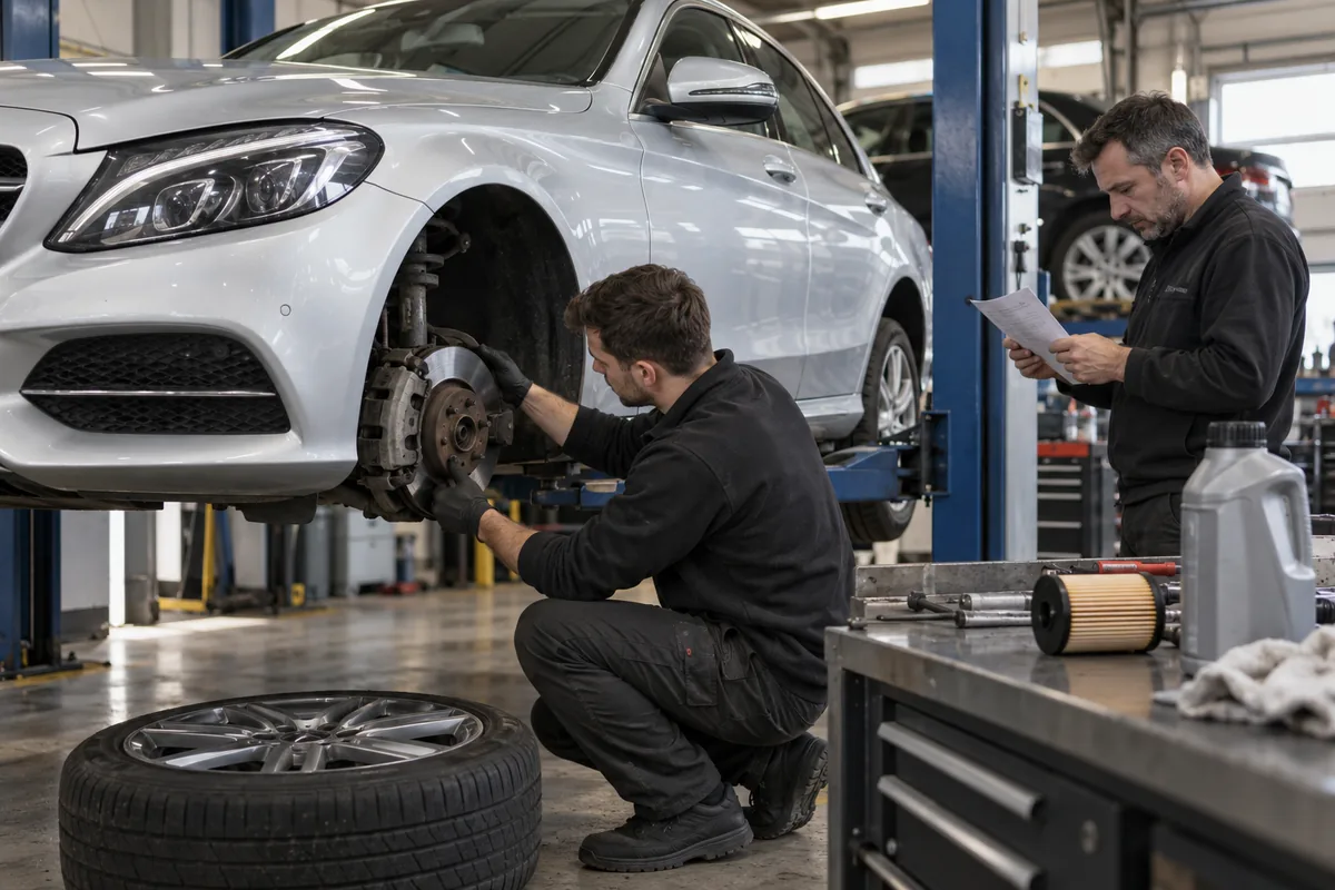 Technician inspects the front brake on a C-Class while a colleague reviews a job sheet