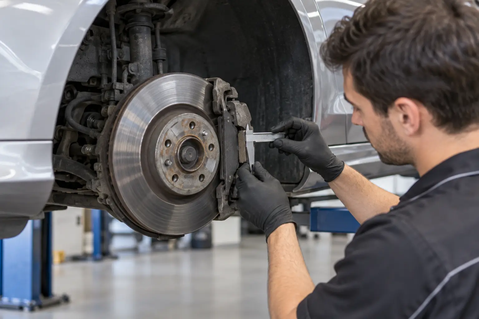 Technician measuring brake components on a C-Class with its wheel removed