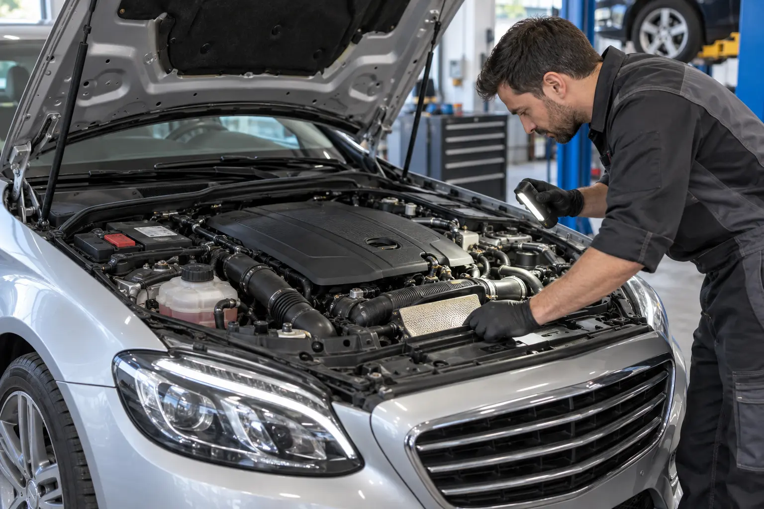 Technician inspecting cooling and electrical components under a C-Class bonnet