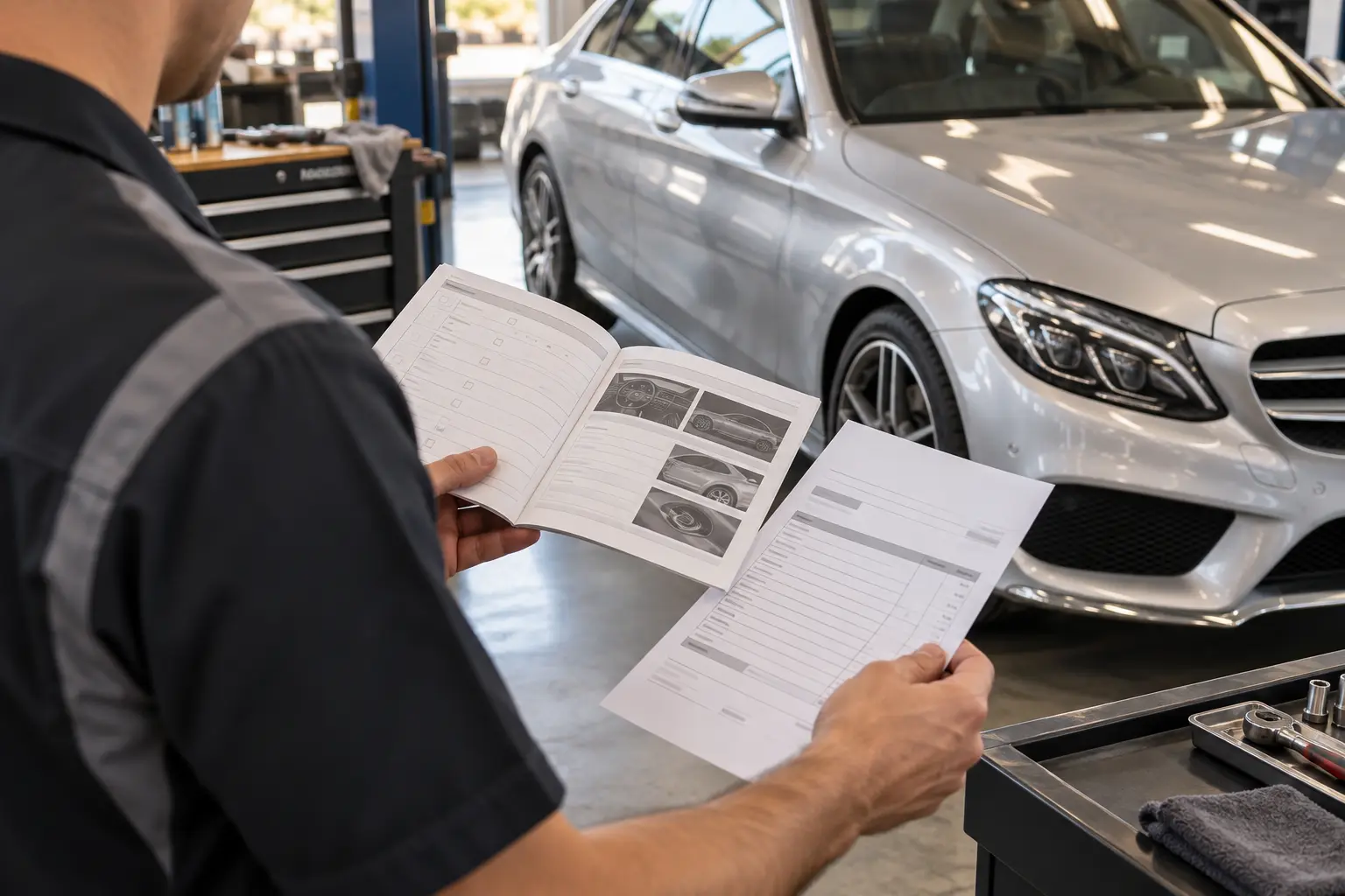 Technician reviewing a vehicle service booklet and invoice beside a C-Class sedan