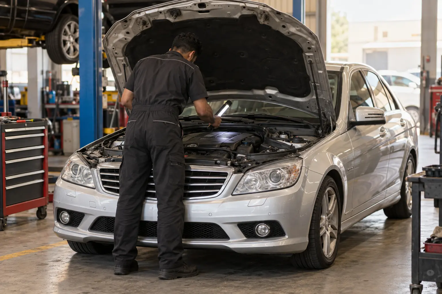 Technician inspecting the engine bay of a silver C-Class sedan in a workshop