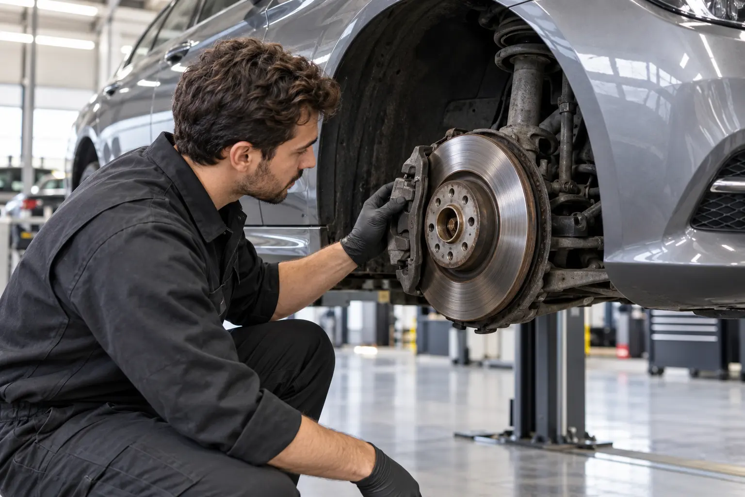 Technician visually checking a brake disc and pad on a raised sedan