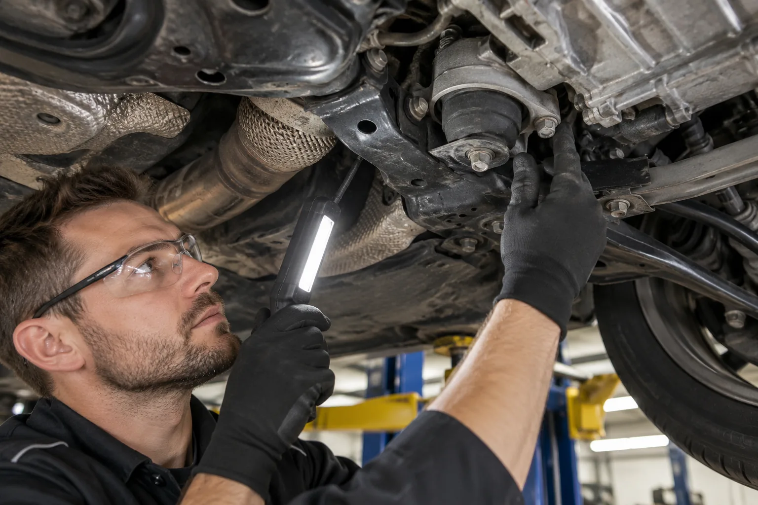 Technician inspecting a rubber mount beneath a raised sedan