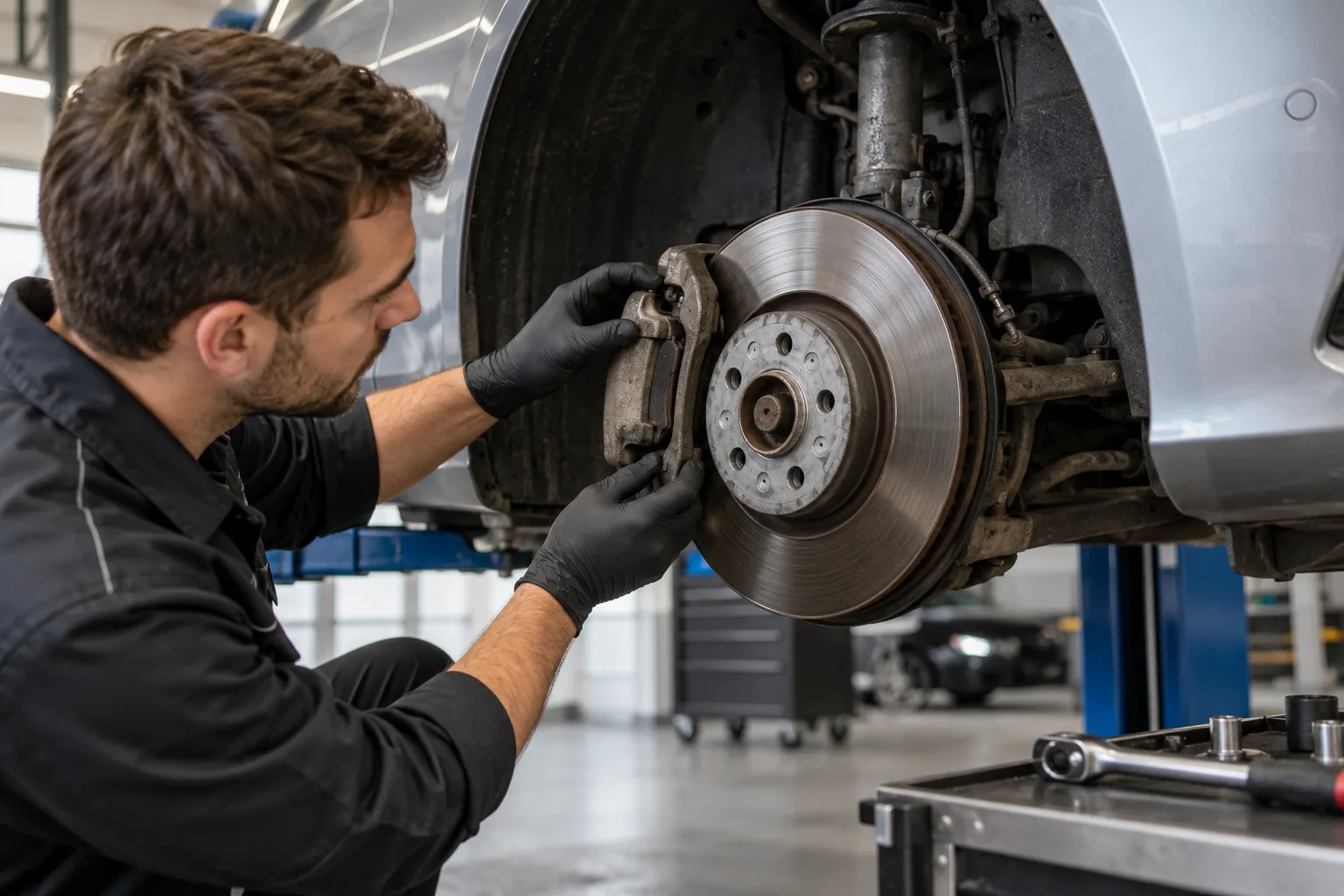 Technician inspecting a front brake pad and iron disc