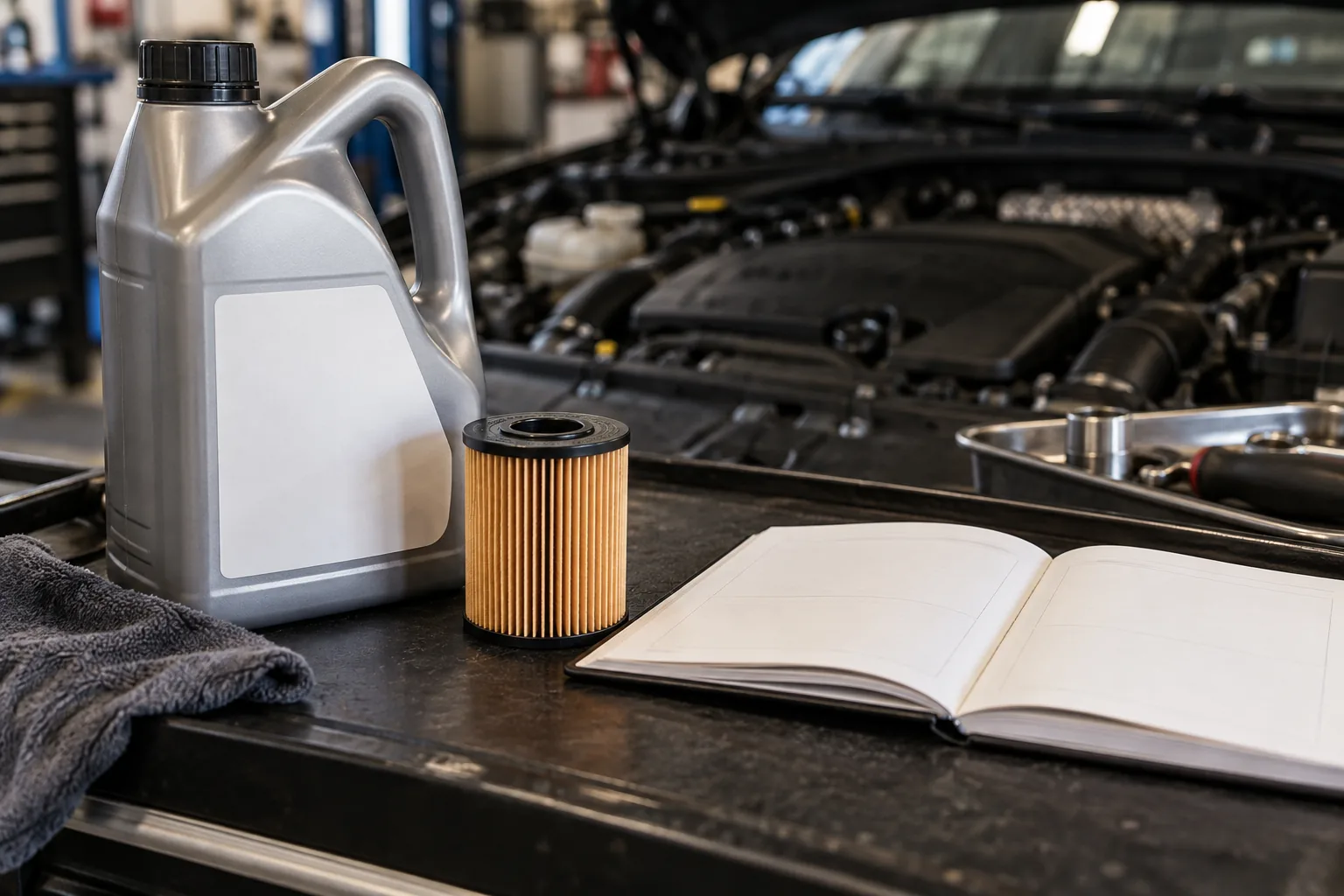 Plain oil container and filter beside a blank maintenance record