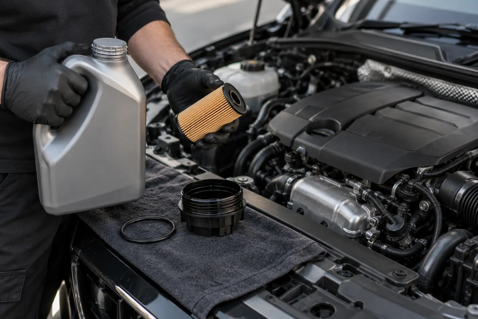 Oil filter cartridge and unlabelled oil container ready for a car service