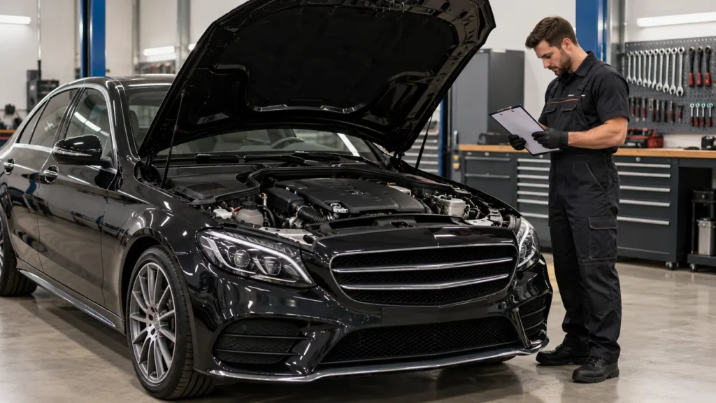 C300-size sedan in a workshop while a technician reviews maintenance records