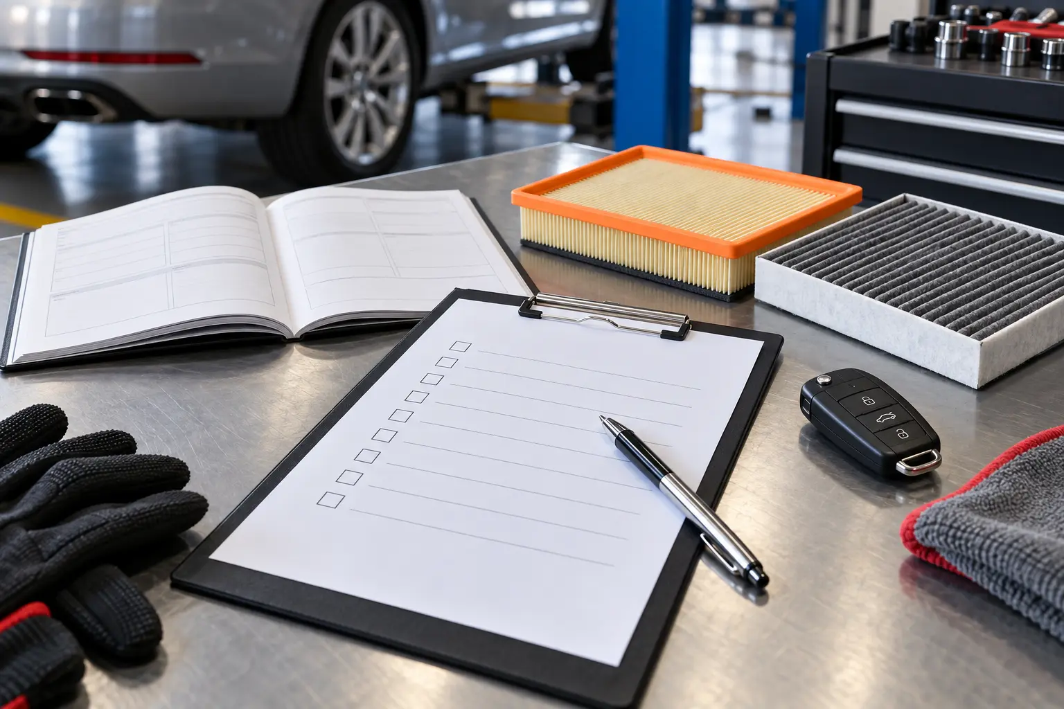 Service checklist and air and cabin filters on a workshop desk