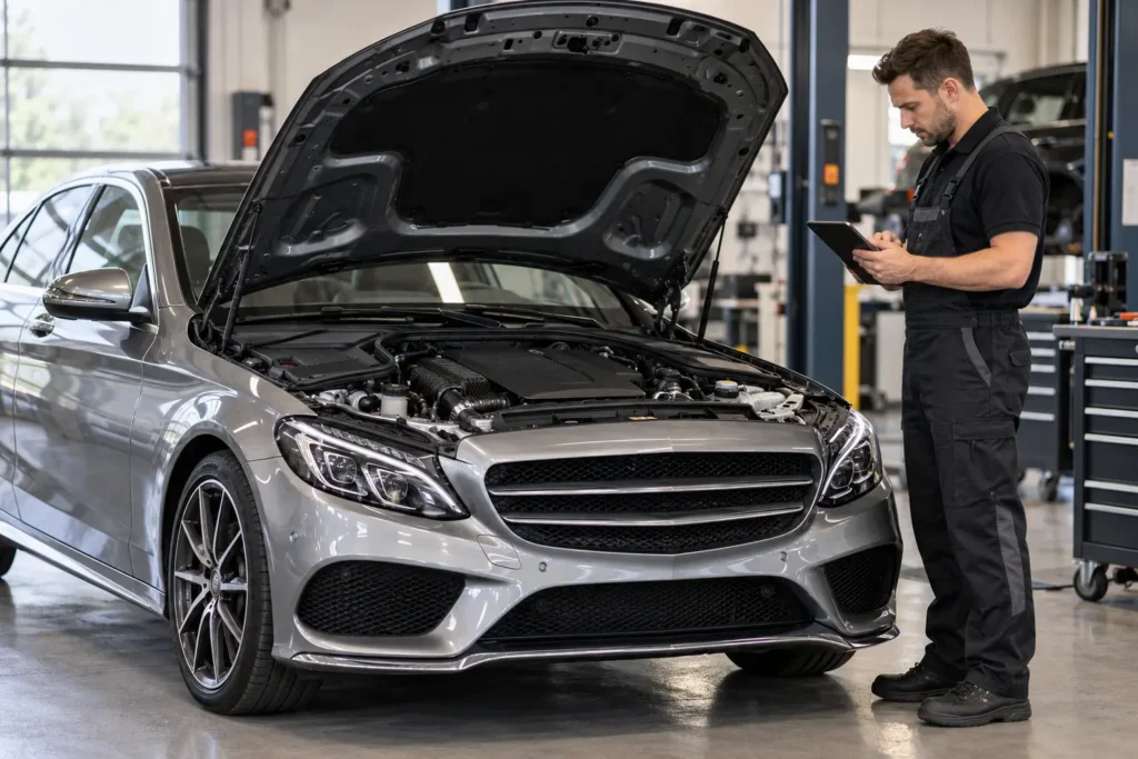 Technician reviewing a service record beside a sedan in a workshop
