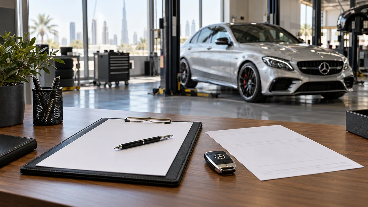Maintenance planning papers and a vehicle key in a workshop